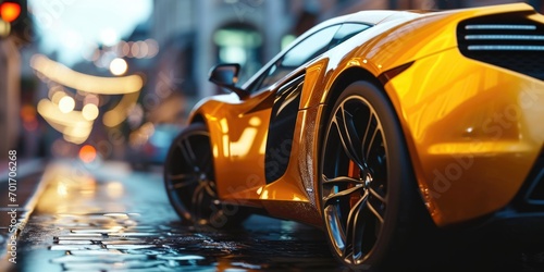 A vibrant yellow sports car parked on the side of the road. Perfect for automotive enthusiasts or travel-related content