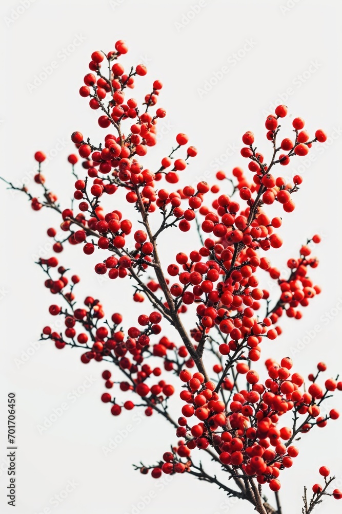 A tree with red berries against a white sky. Can be used to depict the beauty of nature in winter or as a symbol of the holiday season A tree with red berries against a white sky. Can be used to depict the beauty of nature in winter or as a symbol of the holiday season