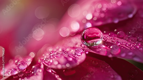 Many shining and glittering water drops on red petal