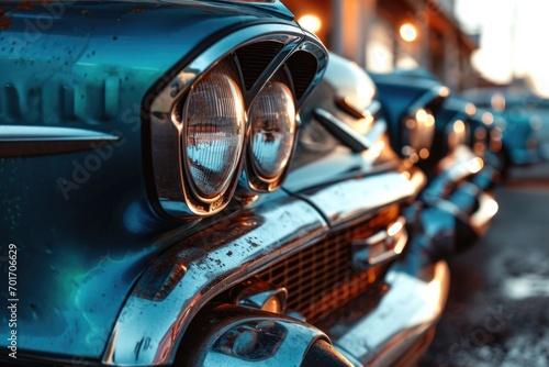 A row of old cars parked on the side of the road. Ideal for illustrating vintage car collections or showcasing a retro automobile event