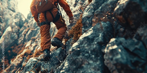 A man is seen climbing up a steep mountain with a backpack. This image can be used to depict adventure, hiking, or perseverance in challenging situations