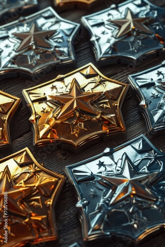 Close up of a group of medals on a table. Suitable for awards, achievements, and recognition concepts