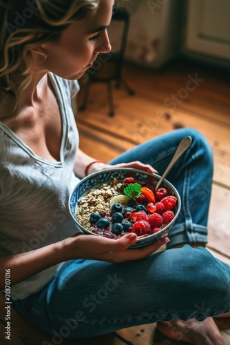 A woman sitting on the floor holding a bowl of fresh and colorful fruits. This image can be used to promote healthy eating, nutrition, or as a concept of a balanced diet