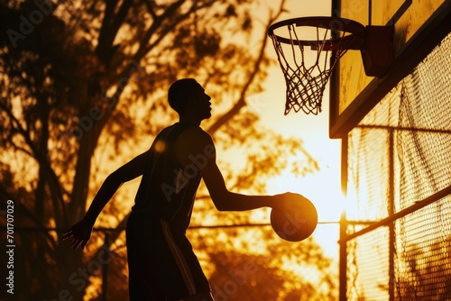 Silhouette of a basketball player holding a ball. Suitable for sports-related designs and concepts © Fotograf