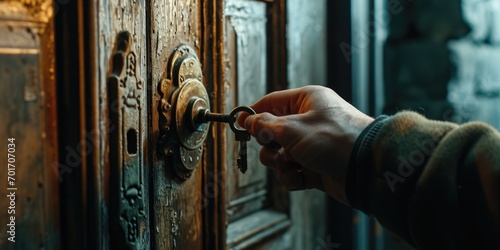 A person is seen opening a door using a key. This image can be used to represent concepts such as access, security, unlocking, or entering a new opportunity photo