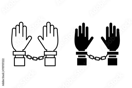 arrested prisoner with handcuff lock outline icon collection or set. police lockup or jail with hand cuff Thin vector line art
