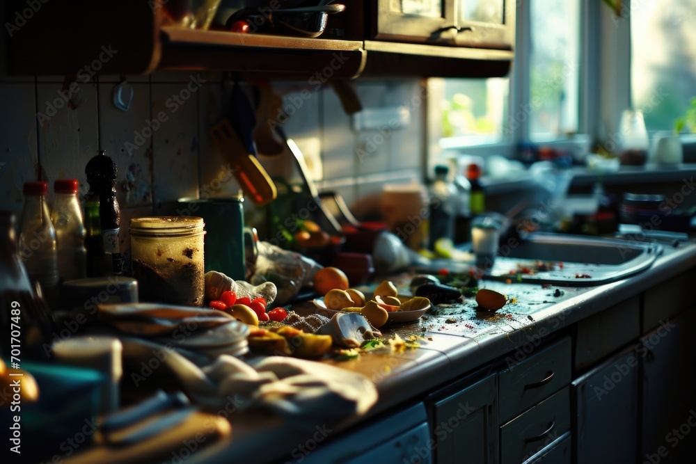 A picture of a kitchen counter filled with a variety of food. This image can be used to depict a well-stocked kitchen or to showcase different types of ingredients.