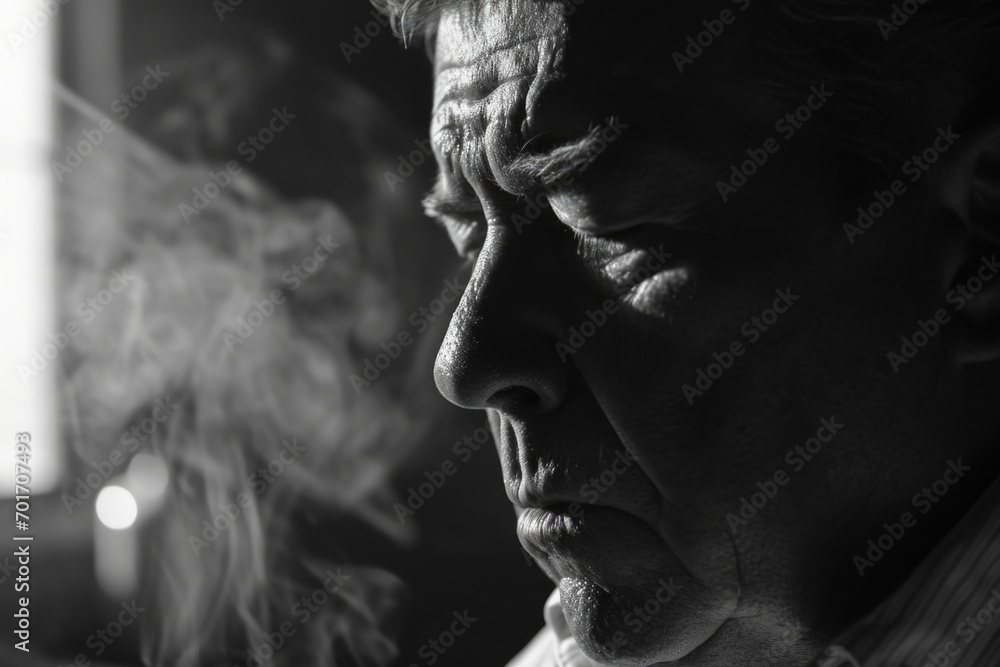 A man is pictured smoking a cigarette in a dimly lit room. This image can be used to depict addiction, relaxation, or solitude