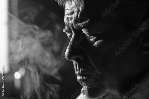 A man is pictured smoking a cigarette in a dimly lit room. This image can be used to depict addiction, relaxation, or solitude