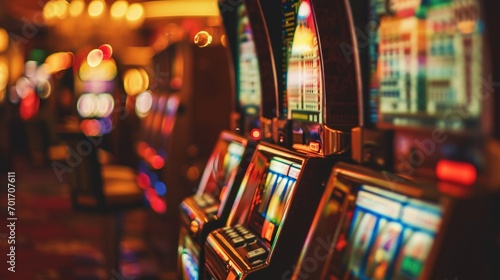 A row of slot machines in a bustling casino. Perfect for illustrating the excitement and energy of a gambling establishment. Ideal for use in articles