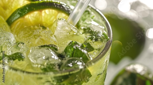A close-up view of a glass of refreshing lemonade with a straw. Perfect for summer drinks and beverage concepts