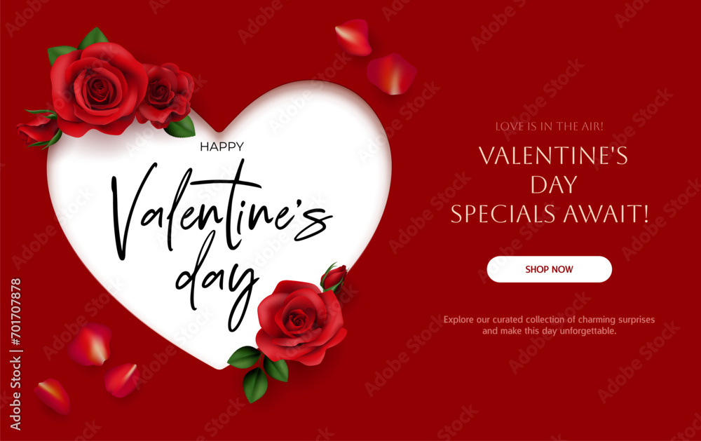 Valentine's Day sale banner featuring red roses and white heart. Perfect for cards, banners, and promotions. The design captures the essence of love and celebration. Not AI.