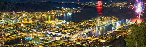 New Year fireworks over Bergen, panoramic view, Norway