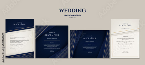 A luxury wedding invitation set in blue, white and gold, with geometric patterns. The elegant design features stripes and a golden border, creating a classic and premium atmosphere. Not AI. photo