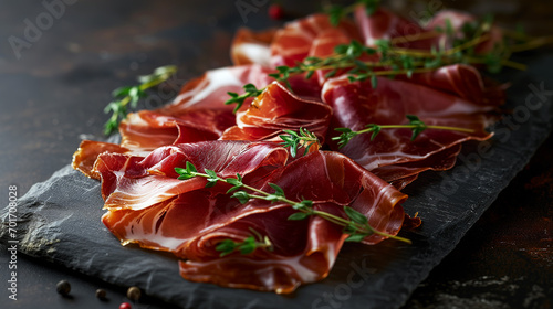 Cured ham (prosciutto crudo) sliced on a black board. photo