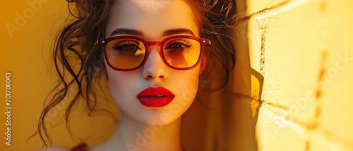 Young woman in stylish red and yellow glasses. Bright and fashionable style