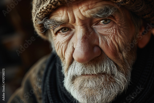 an older gentleman  warm and kind eyes  subtle expressions  life experience  focus on fine details  face texture  wise look  dignified presence  matte colors