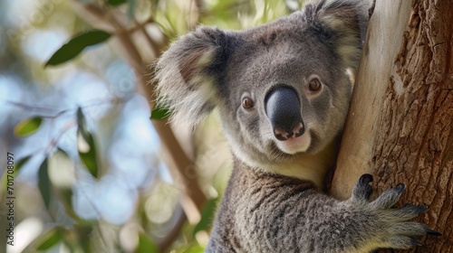 A close up view of a koala perched on a tree. This image captures the adorable details of the koala s fur and features. Perfect for nature enthusiasts and animal lovers alike