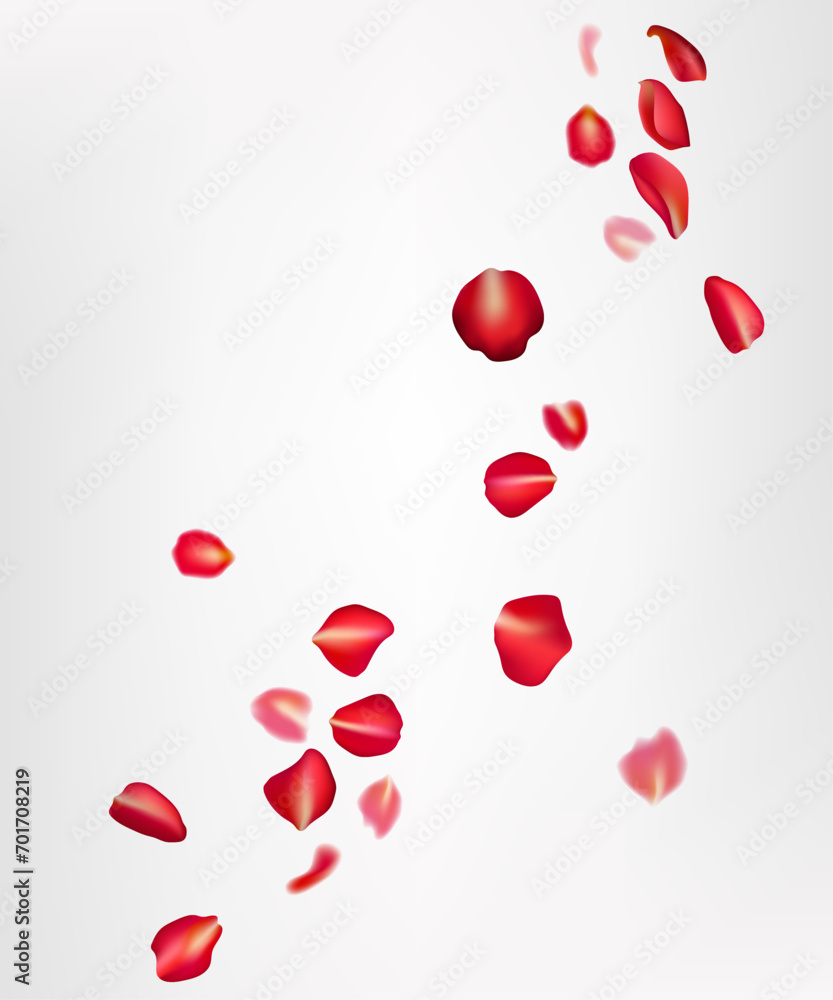 Realistic flying red rose petals on a white background. Perfect for romantic cards, weddings, and Valentine's Day celebrations. The design creates a beautiful, natural, and festive atmosphere. Not AI - obrazy, fototapety, plakaty 