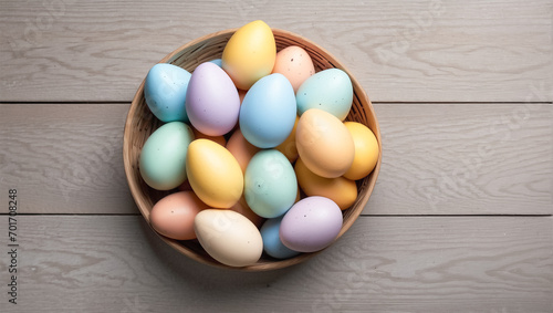 Easter painted eggs close-up on a wooden table. photo