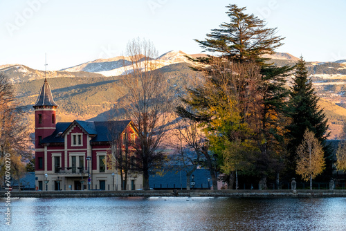 Sunset at Puigcerda lake in the Cerdanya area in Gerona in Catalonia Spain photo