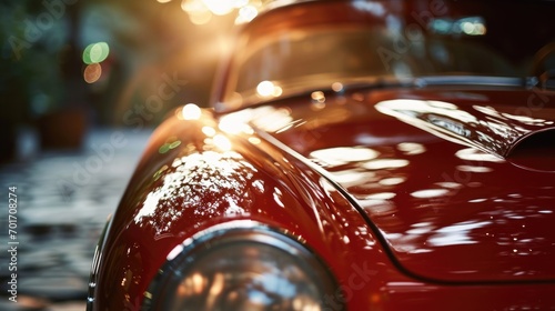 A close up view of a red car with the sun shining on it. Ideal for automotive enthusiasts or car-related content