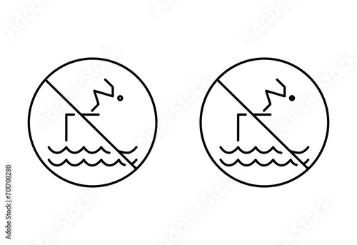 not jump in pool sign outline icon collection or set. swim diving ban area or zone Thin vector line art
