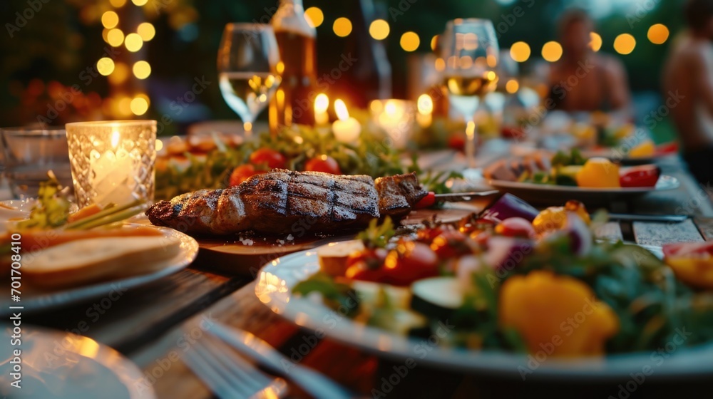 A table filled with plates of delicious food and glasses of wine. Perfect for showcasing a beautiful meal or a festive gathering A table filled with plates of delicious food and glasses of wine. Perfect for showcasing a beautiful meal or a festive gathering