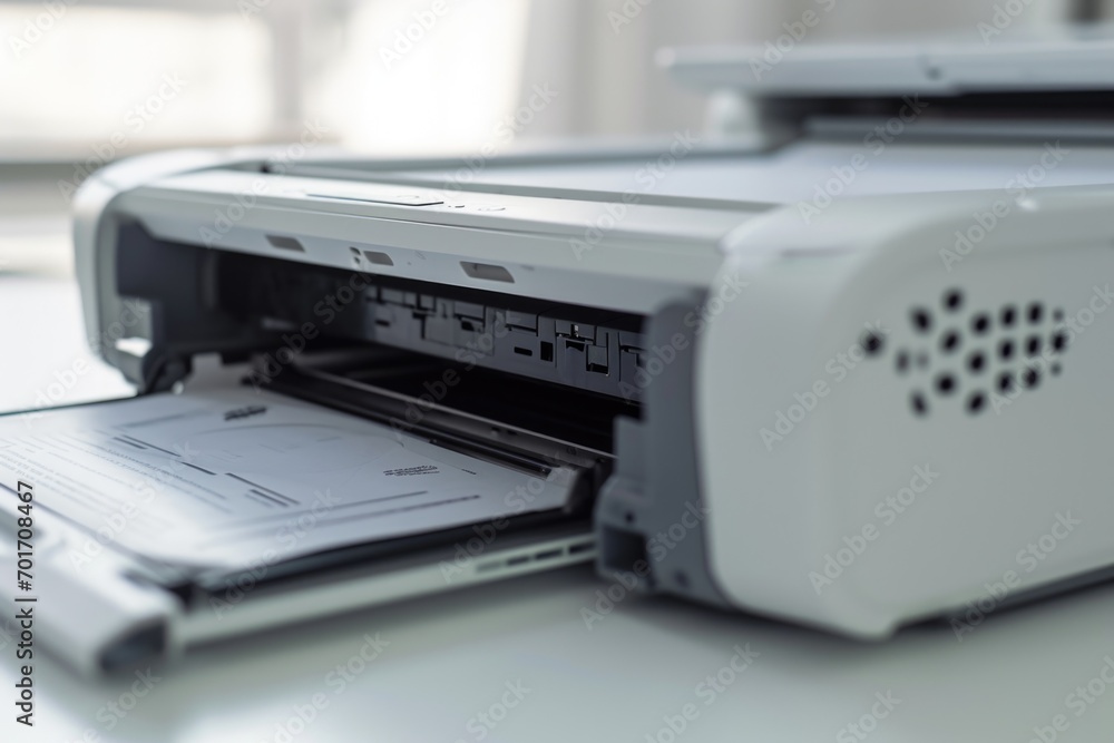 A printer sitting on top of a white table. Can be used for office or home decor A printer sitting on top of a white table. Can be used for office or home decor