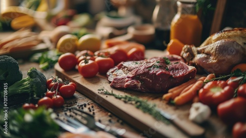 A wooden cutting board with a variety of fresh meat and colorful vegetables. Perfect for food preparation and cooking.