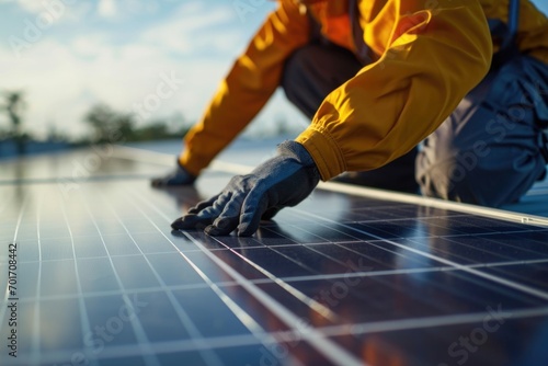 A man in a yellow jacket standing on a solar panel. Suitable for renewable energy and sustainable technology concepts