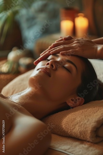 A woman is shown receiving a relaxing facial massage at a spa. This image can be used to promote spa services and wellness treatments