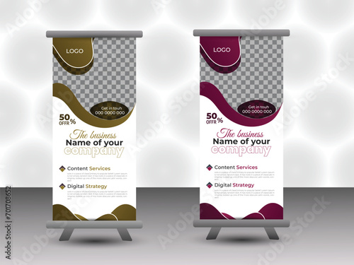 Roll up banner design template Modern creative corporate business standee x rollup pullup signage retractable banner with multiple trendy gradient colors design  Editable vertical template 