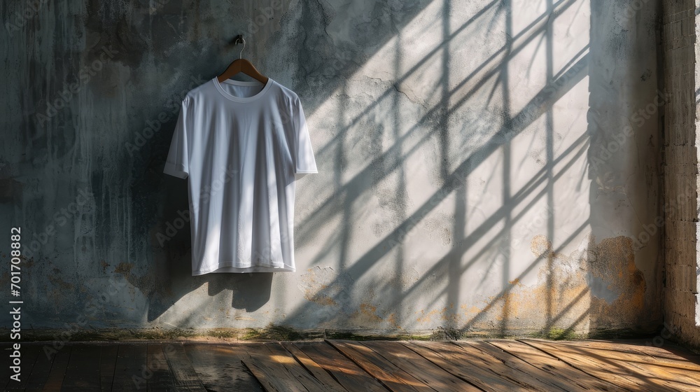 Naklejka premium White tshirt hang on concrete wall with shadow light