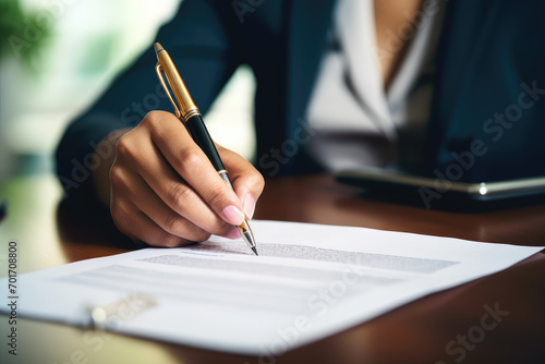 A young businesswoman or lawyer engaged in signing a professional mortgage or investment contract, symbolizing important legal and financial decisions.