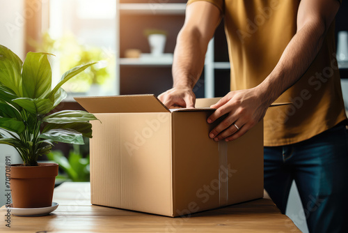 A man on he moving day, symbolizing a new chapter in homeownership, underpinned by the commitment of a home loan and real estate investment. photo
