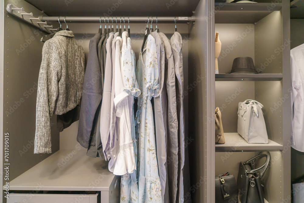 Minimal scandinavian wood walk in closet with wardrobe Minimal scandinavian wood walk in closet with wardrobe