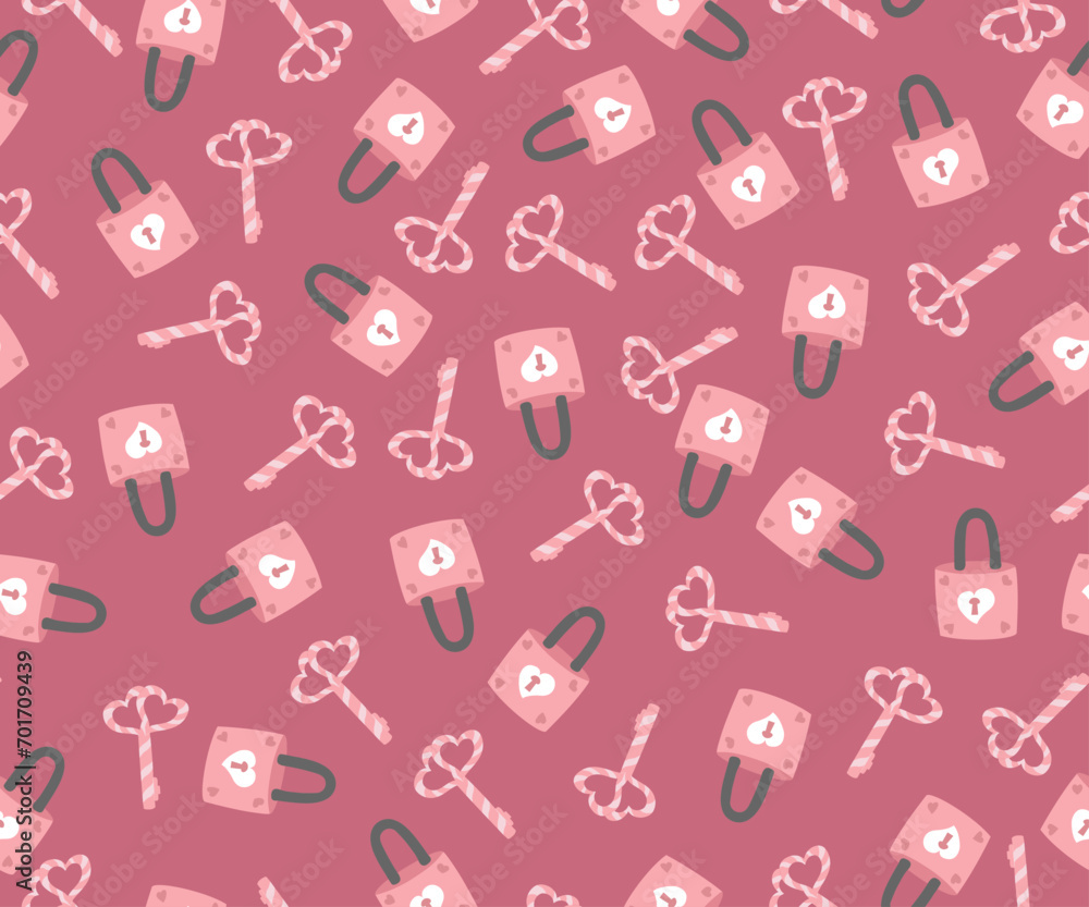 Romantic Valentine's Day Pattern with pink Keys, lock and Hearts Romantic Valentine's Day Pattern with pink Keys, lock and Hearts