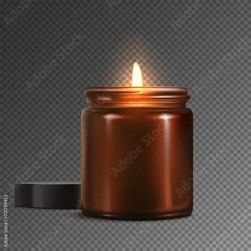 A vintage 3d illustration of a glowing candle in a brown glass jar, isolated on a transparent background. The realistic design evokes nostalgia, suitable for aromatherapy or antique decor. Not AI.