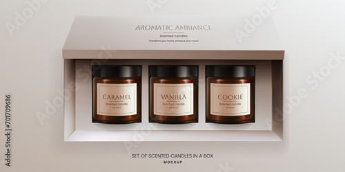 A realistic 3D vector mockup of scented vanilla candles in brown glass jars in a open packaging box, front view. The design offers an ideal template for advertising aromatherapy products. Not AI.