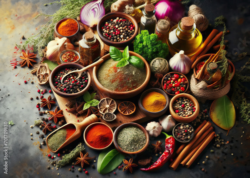 spices and herbs for cooking, food ingredients, concept of flavor © shahrilkhmd