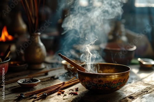 A wooden table with a metal bowl filled with smoke. Can be used to depict concepts such as mysticism, relaxation, or a smoky atmosphere