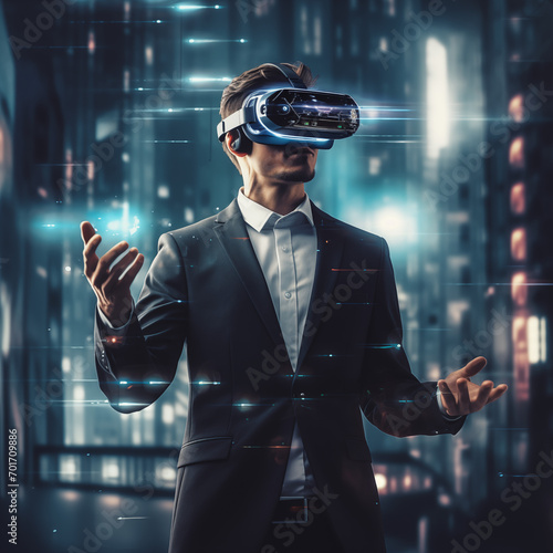 Futuristic Business Visionary with AI Goggles. The background showcases a dynamic fusion of futuristic elements.