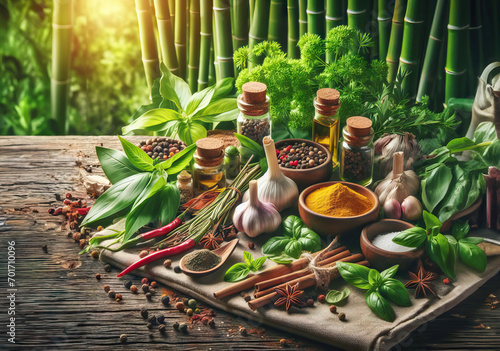 spices and herbs for cooking, food ingredients, concept of flavor, on wooden table, kitchen towel, green bamboo nature view