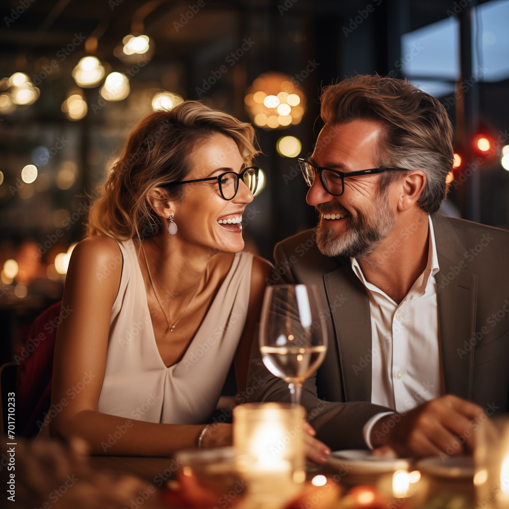 photo of a modern stylish happy couple forty years old having dinner in a cafe
