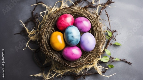 Flat lay of easter eggs in nest twigs on dark grey background. AI generated image