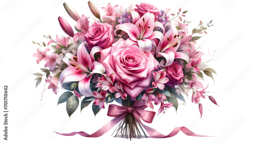 Watercolor of a very beautiful pink flower bouquet. Flowers bunch for valentine's day. - obrazy, fototapety, plakaty 