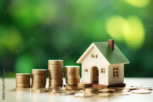 Wallpaper Mural Illustrating the journey of saving money for a home loan, this image features a house model and coins on a green background, symbolizing smart financial planning for mortgage payments. Torontodigital.ca