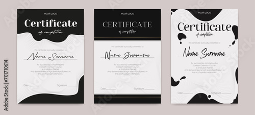 Black and white certificate template with a modern flowing design. Perfect for beauty education, eyelash, or makeup artists. Elegant collection ideal for awards or educational achievements. Not AI.