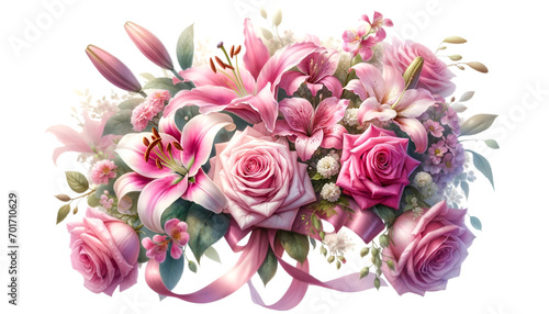 Watercolor of a very beautiful pink flower bouquet. Flowers bunch for valentine's day.